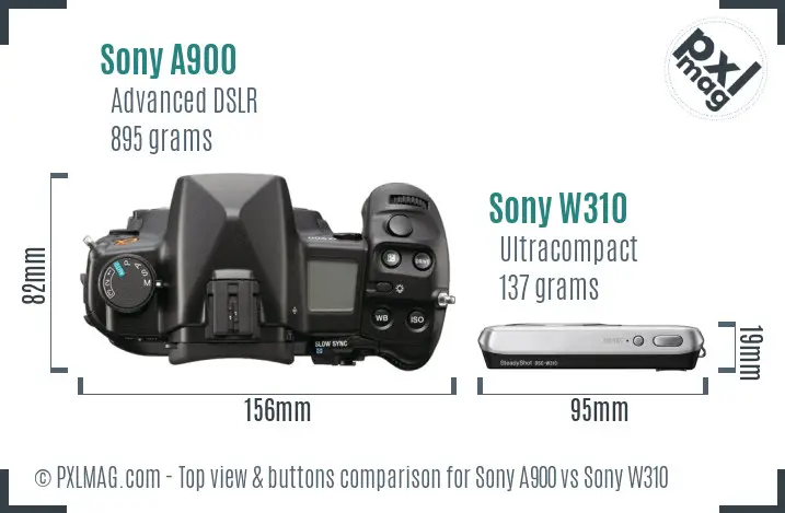 Sony A900 vs Sony W310 top view buttons comparison