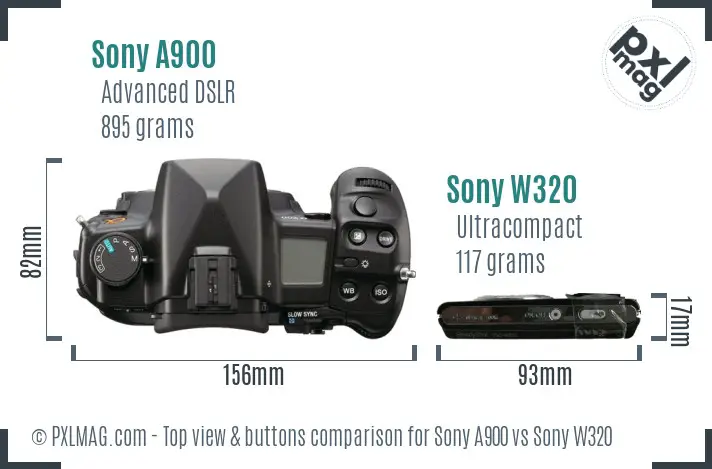 Sony A900 vs Sony W320 top view buttons comparison