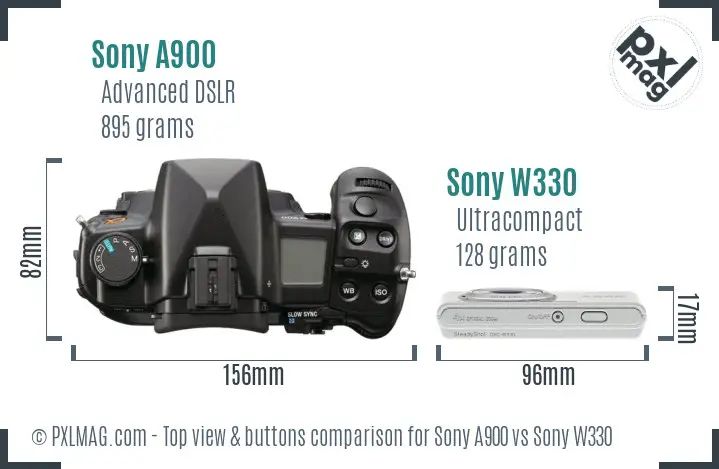 Sony A900 vs Sony W330 top view buttons comparison