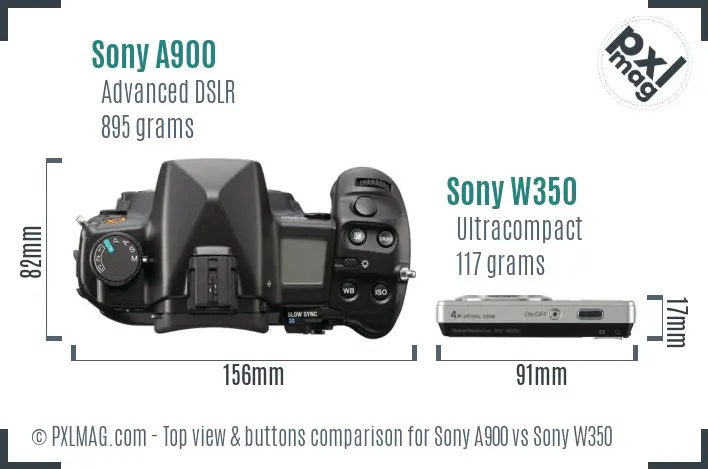 Sony A900 vs Sony W350 top view buttons comparison