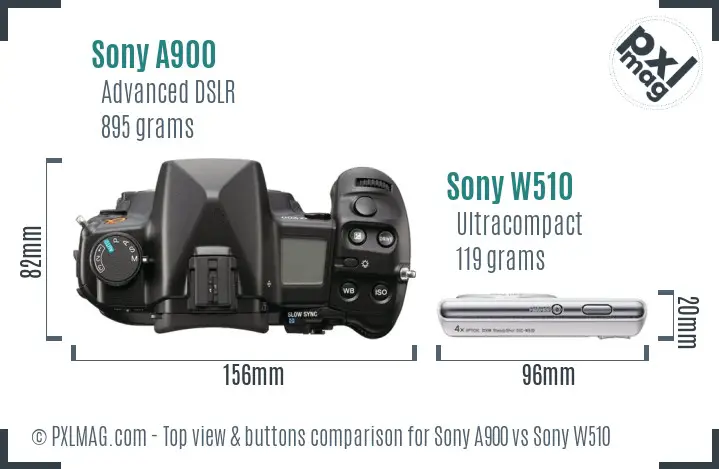 Sony A900 vs Sony W510 top view buttons comparison