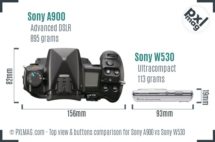 Sony A900 vs Sony W530 top view buttons comparison