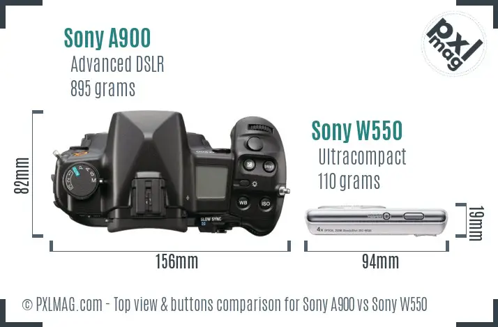 Sony A900 vs Sony W550 top view buttons comparison