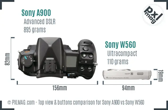 Sony A900 vs Sony W560 top view buttons comparison