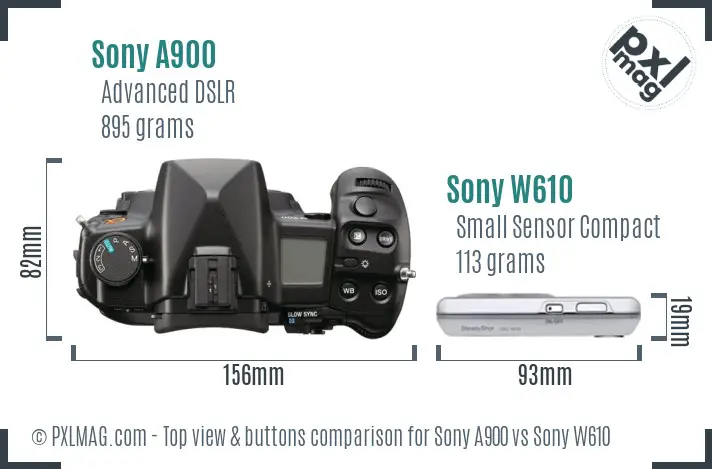 Sony A900 vs Sony W610 top view buttons comparison
