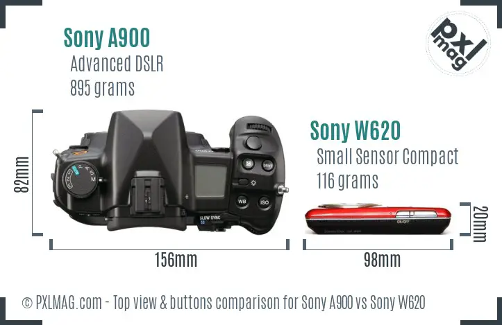 Sony A900 vs Sony W620 top view buttons comparison