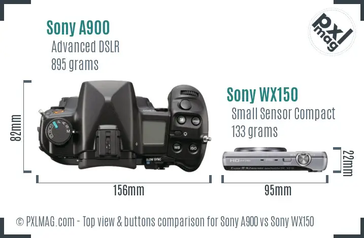 Sony A900 vs Sony WX150 top view buttons comparison