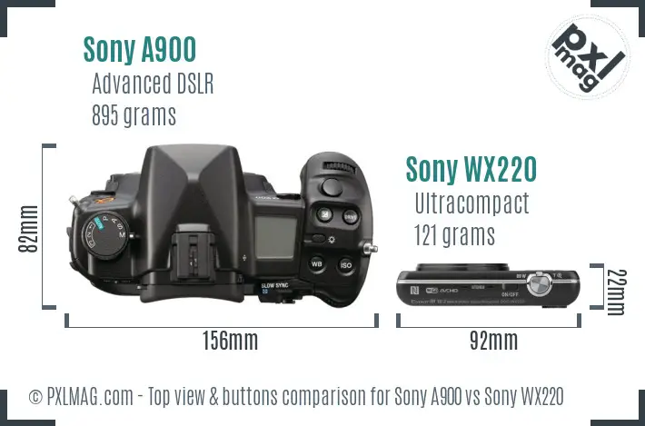 Sony A900 vs Sony WX220 top view buttons comparison