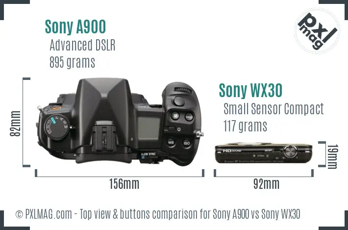 Sony A900 vs Sony WX30 top view buttons comparison