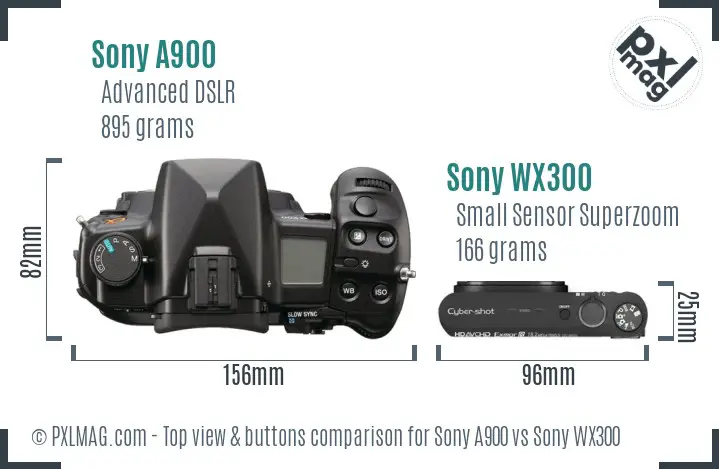 Sony A900 vs Sony WX300 top view buttons comparison