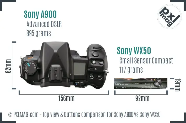 Sony A900 vs Sony WX50 top view buttons comparison