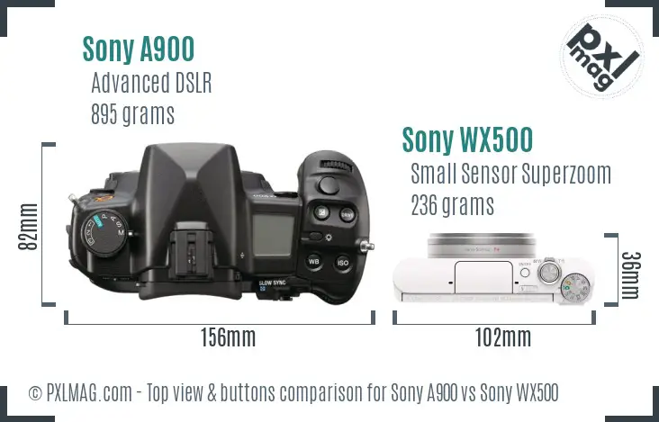 Sony A900 vs Sony WX500 top view buttons comparison