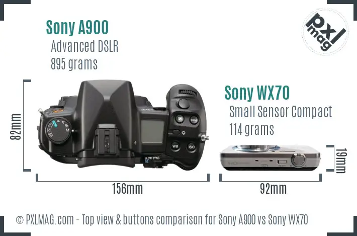 Sony A900 vs Sony WX70 top view buttons comparison