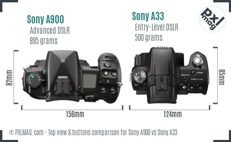 Sony A900 vs Sony A33 top view buttons comparison