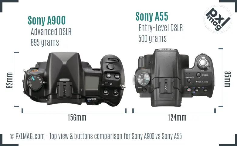 Sony A900 vs Sony A55 top view buttons comparison
