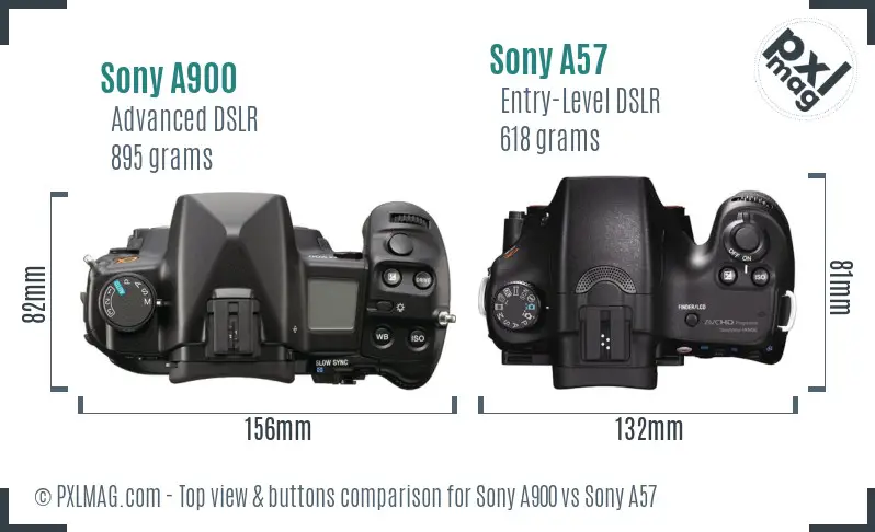 Sony A900 vs Sony A57 top view buttons comparison