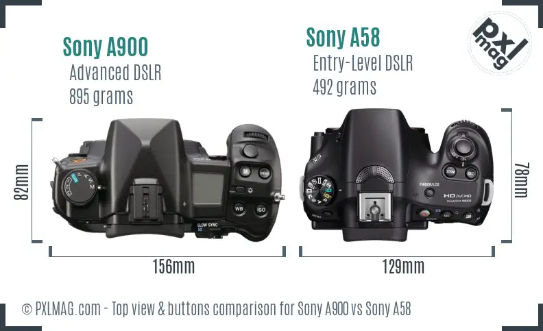 Sony A900 vs Sony A58 top view buttons comparison