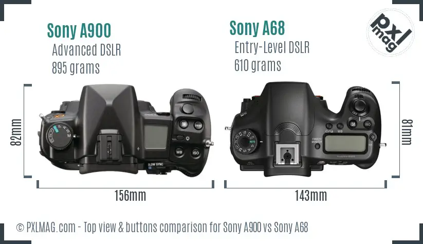 Sony A900 vs Sony A68 top view buttons comparison