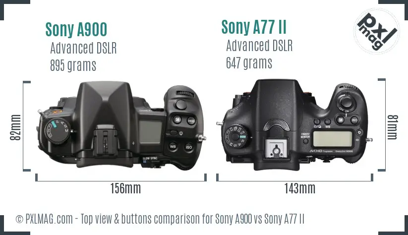Sony A900 vs Sony A77 II top view buttons comparison