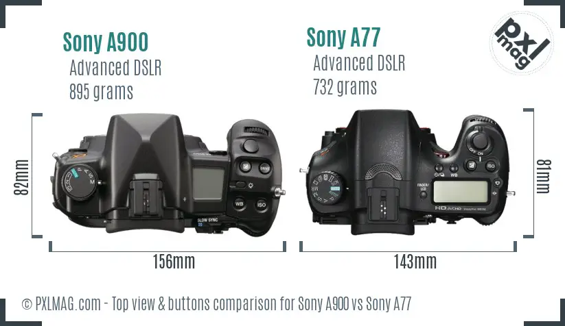 Sony A900 vs Sony A77 top view buttons comparison