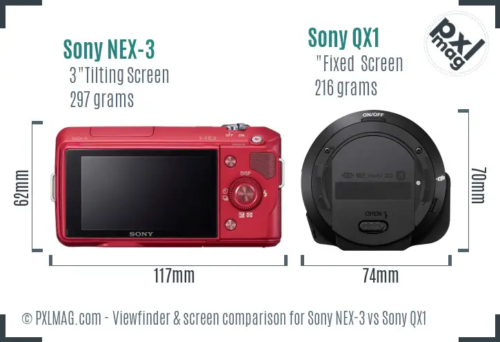 Sony NEX-3 vs Sony QX1 Screen and Viewfinder comparison