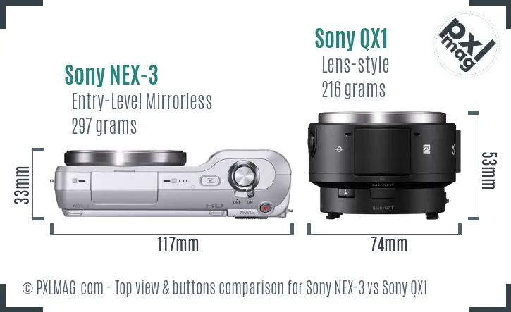 Sony NEX-3 vs Sony QX1 top view buttons comparison