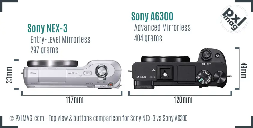 Sony NEX-3 vs Sony A6300 top view buttons comparison