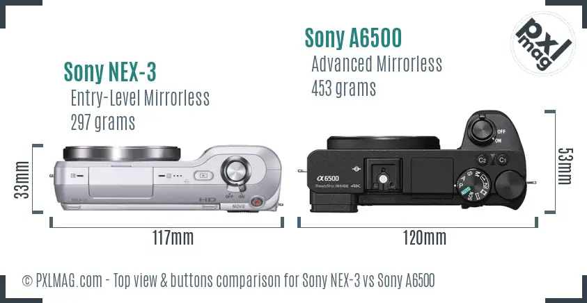 Sony NEX-3 vs Sony A6500 top view buttons comparison