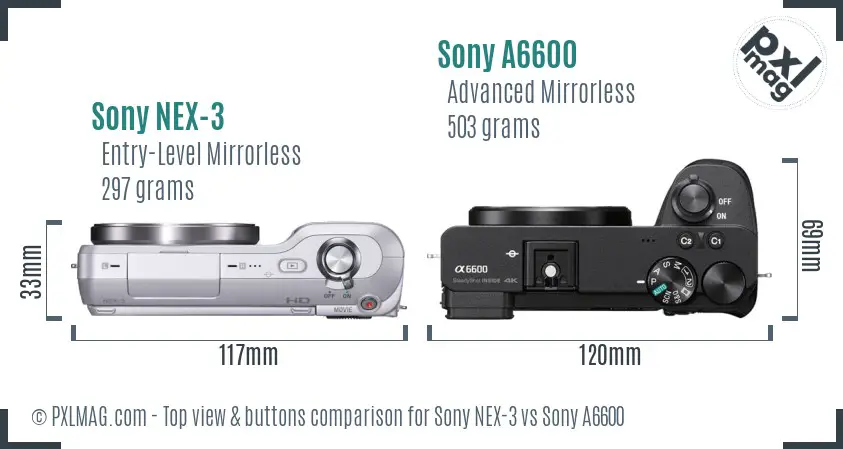 Sony NEX-3 vs Sony A6600 top view buttons comparison