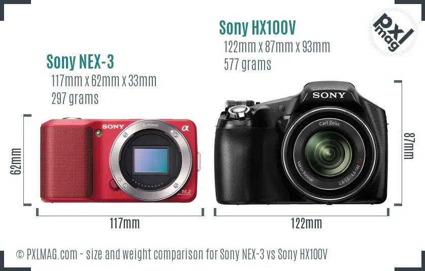Sony NEX-3 vs Sony HX100V size comparison