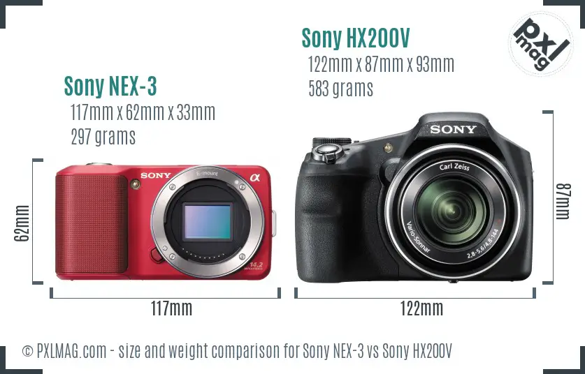 Sony NEX-3 vs Sony HX200V size comparison