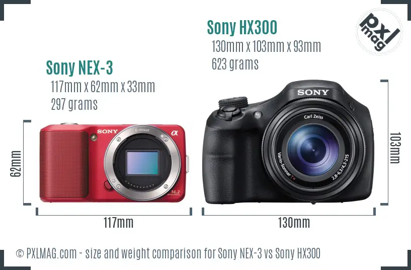 Sony NEX-3 vs Sony HX300 size comparison