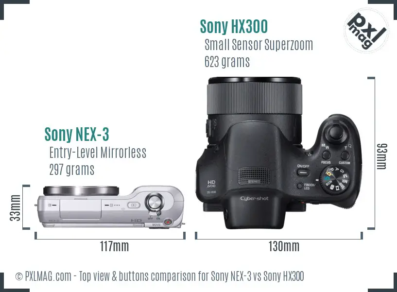 Sony NEX-3 vs Sony HX300 top view buttons comparison