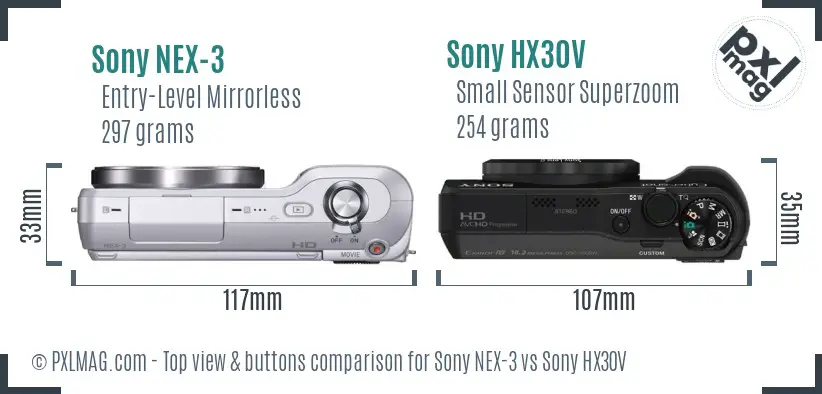 Sony NEX-3 vs Sony HX30V top view buttons comparison
