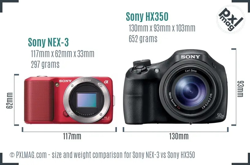 Sony NEX-3 vs Sony HX350 size comparison