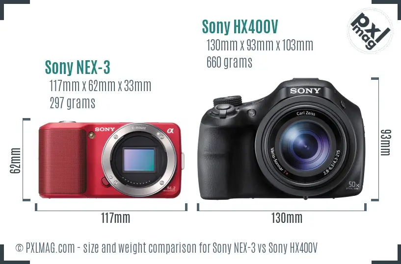 Sony NEX-3 vs Sony HX400V size comparison