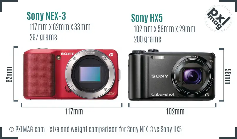 Sony NEX-3 vs Sony HX5 size comparison