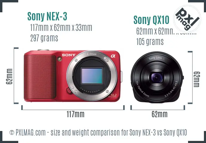 Sony NEX-3 vs Sony QX10 size comparison