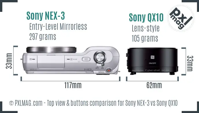 Sony NEX-3 vs Sony QX10 top view buttons comparison