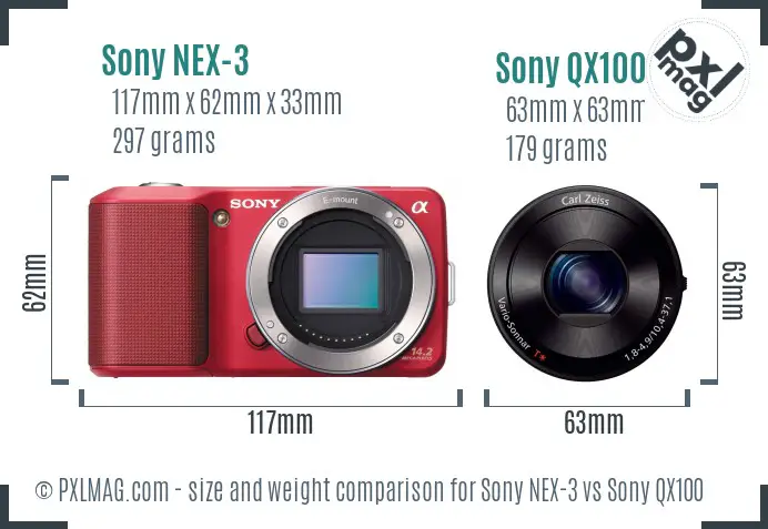 Sony NEX-3 vs Sony QX100 size comparison