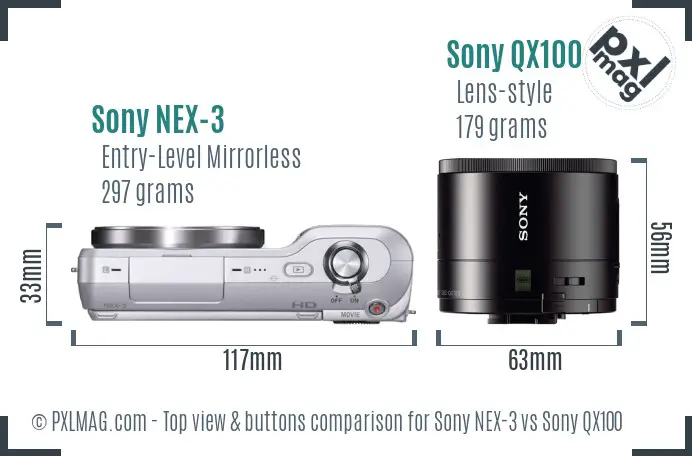 Sony NEX-3 vs Sony QX100 top view buttons comparison