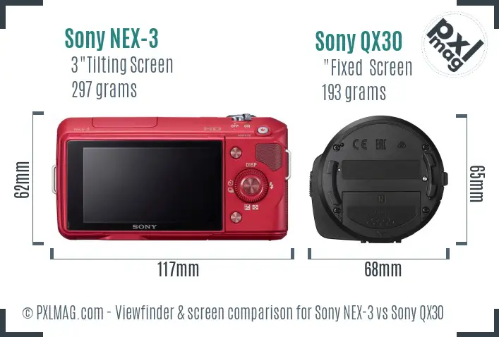 Sony NEX-3 vs Sony QX30 Screen and Viewfinder comparison