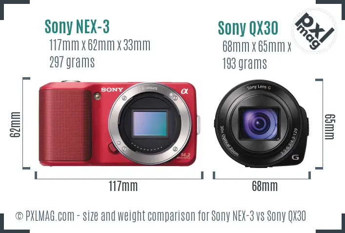 Sony NEX-3 vs Sony QX30 size comparison