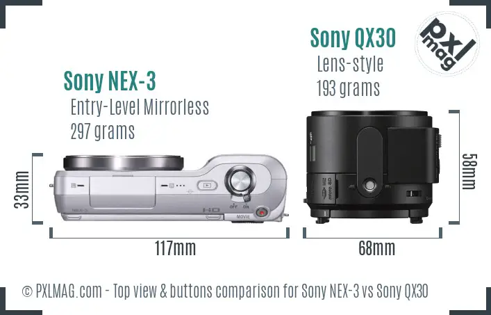 Sony NEX-3 vs Sony QX30 top view buttons comparison