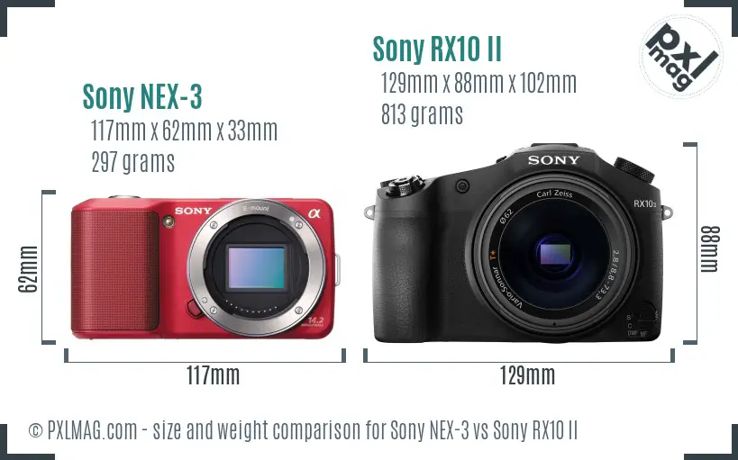 Sony NEX-3 vs Sony RX10 II size comparison