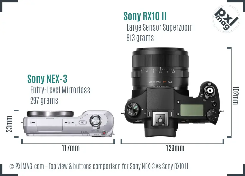 Sony NEX-3 vs Sony RX10 II top view buttons comparison