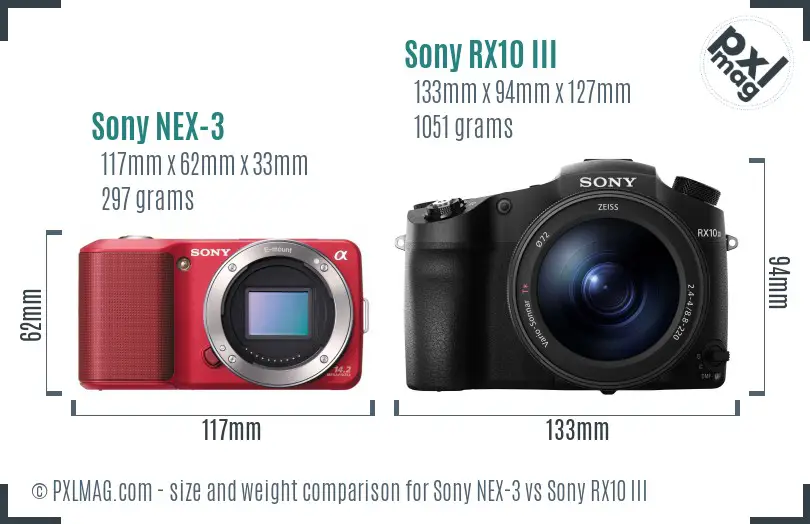 Sony NEX-3 vs Sony RX10 III size comparison