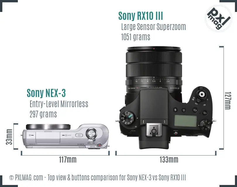 Sony NEX-3 vs Sony RX10 III top view buttons comparison