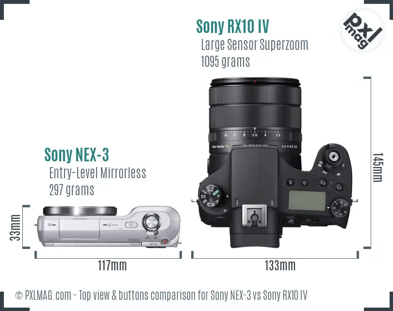 Sony NEX-3 vs Sony RX10 IV top view buttons comparison