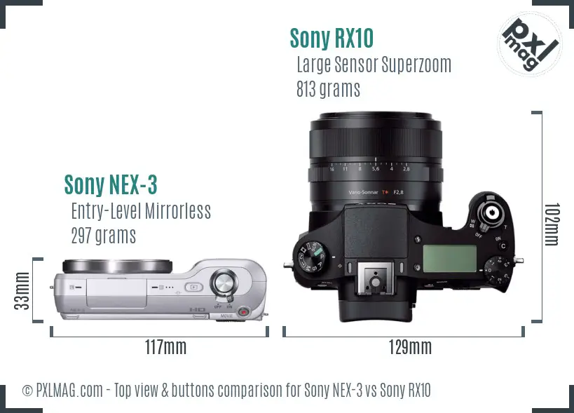 Sony NEX-3 vs Sony RX10 top view buttons comparison